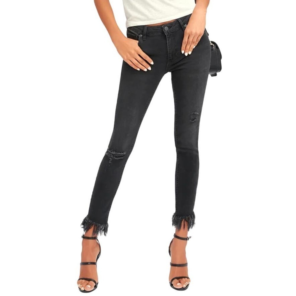 Free People Great Heights Washed Black Frayed Skinny Jeans in Black, Size 30‌